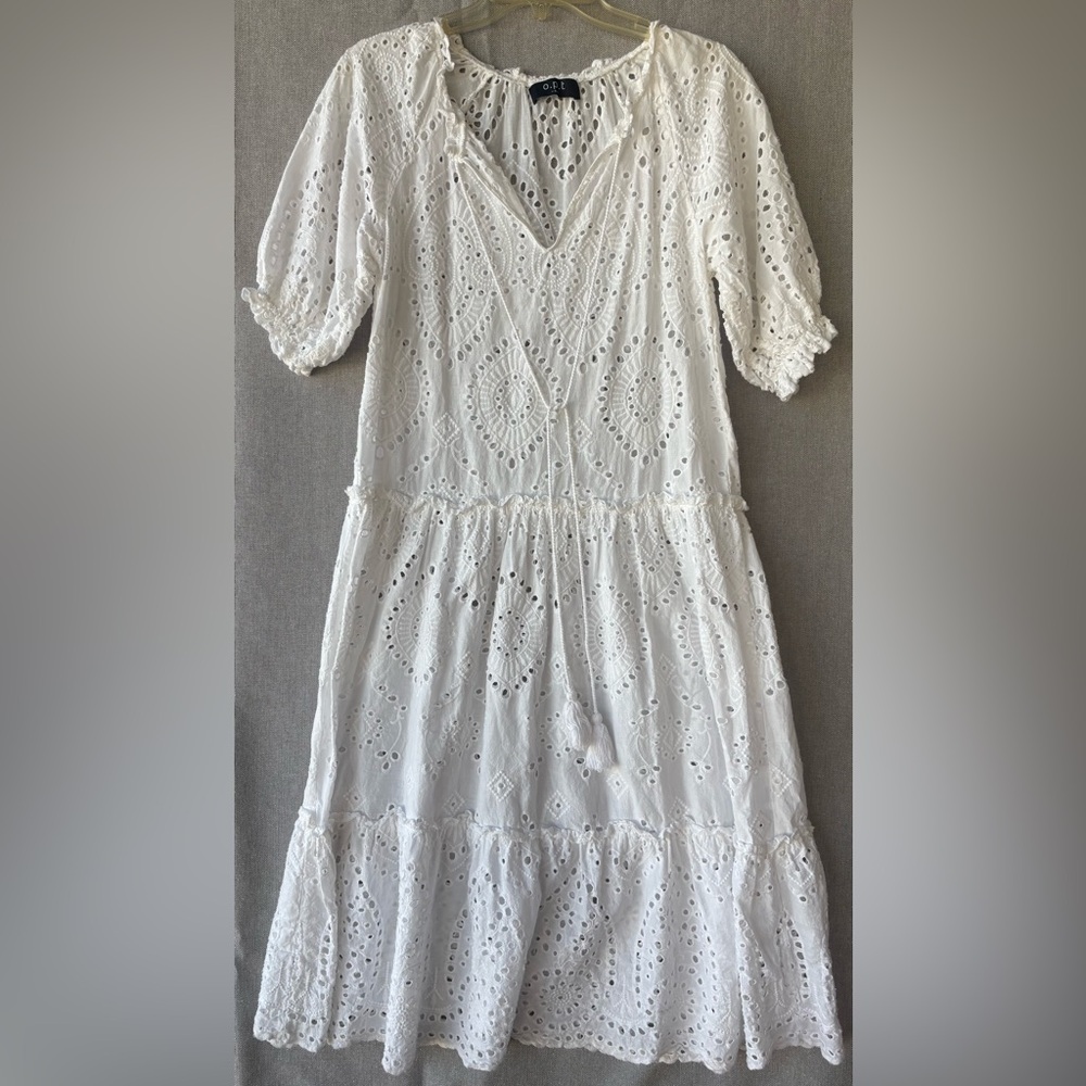 O.P.T. Anthropologie White doll like Eyelet Dress small 100% cotton fabric.